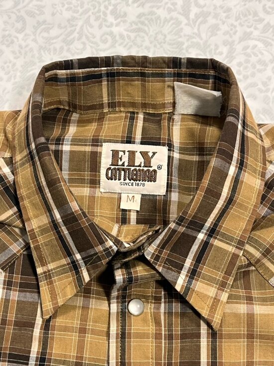 Ely Cattleman Pearl Snap Shirt Mens Medium Tan Brown Plaid Western Long Sleeve - Picture 6 of 9